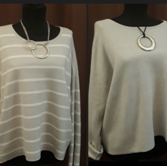 Eileen Fisher ORGANIC Cotton Silk Reversible Gray Striped Knit Top Sweatshirt L